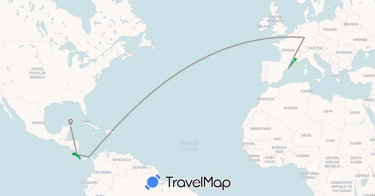 TravelMap itinerary: driving, bus, plane, hiking, boat in Costa Rica, Germany, Spain, France, Mexico, Panama (Europe, North America)
